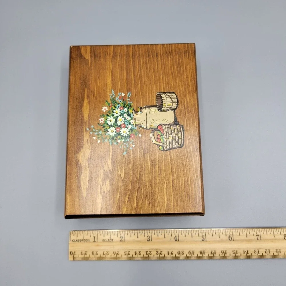 Vintage Decorative Wooden Trinket Box With Flower & Basket Design